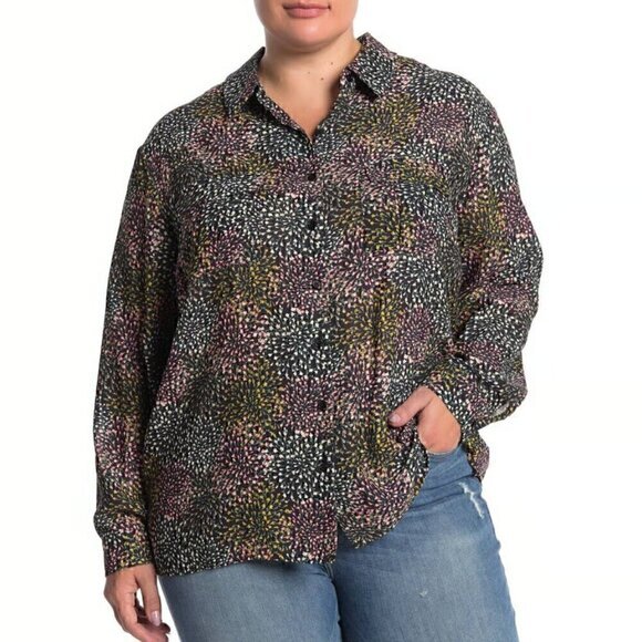 PLEIONE ANTHROPOLOGIE ANTHRO Black Multi Floral Long Sleeve Button Down Blouse S - Picture 3 of 13